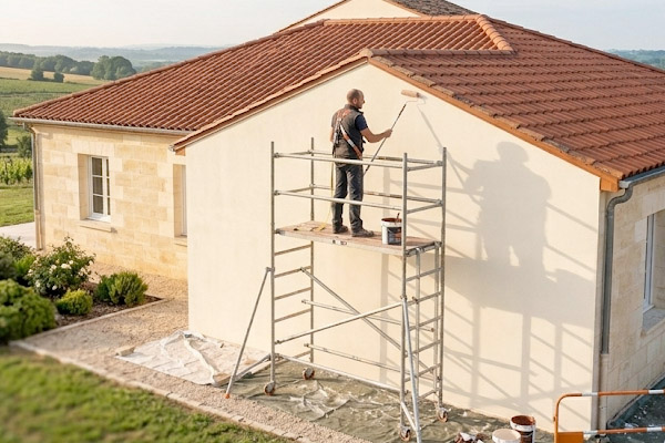 Ouvrier façadier de l'entreprise Les Artisans du Toit Languidic effectuant le ravalement technique d'un mur extérieur avec pose d'enduit protecteur et peinture de finition